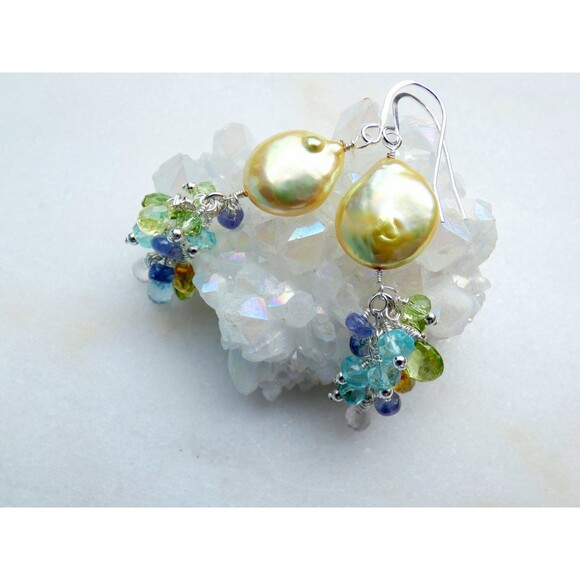 Pearl Aquamarine-Tanzanite-Yellow Quartz-Rock Quartz Sterling Beaded Earrings - Picture 7 of 7